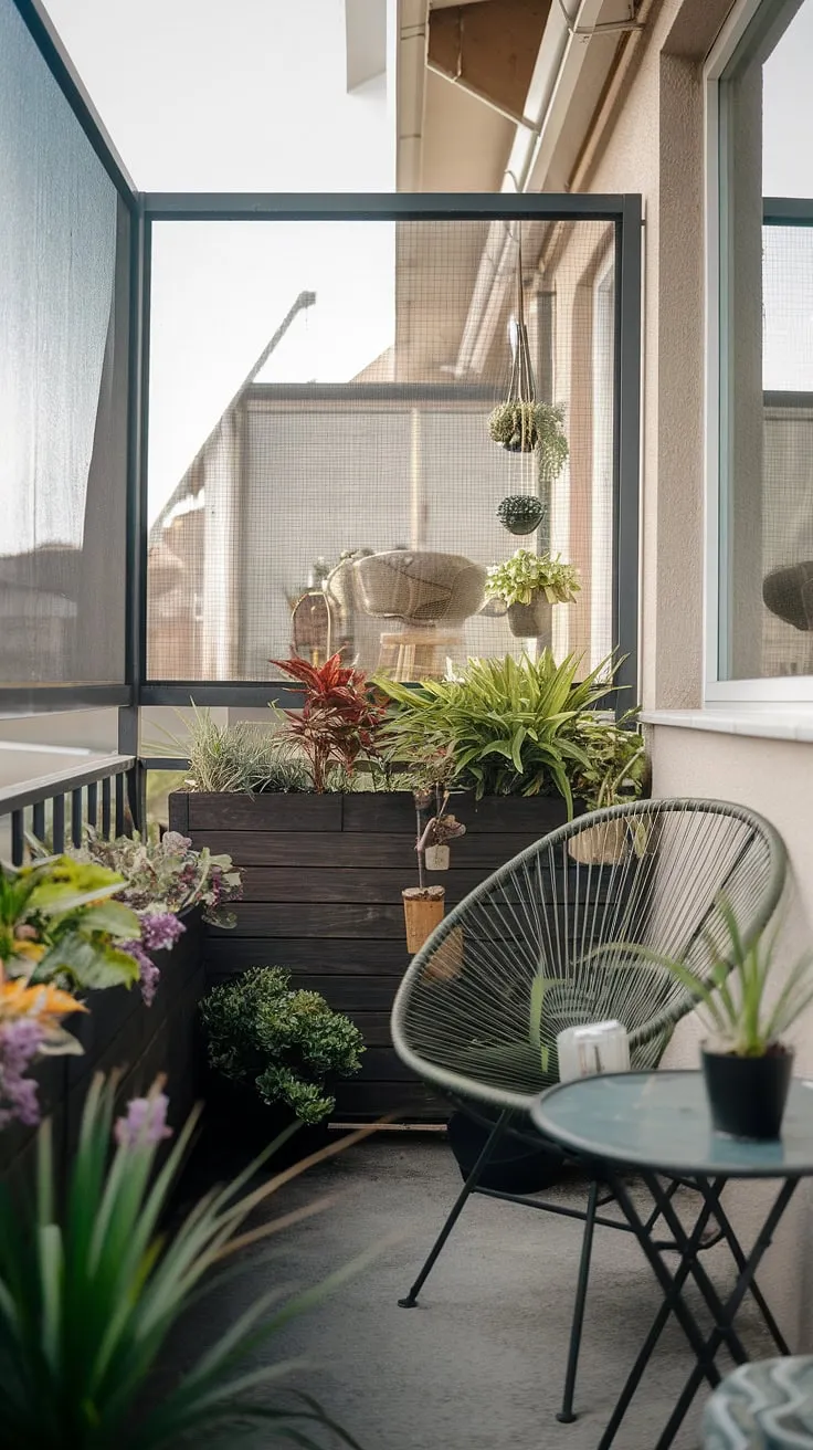 Transform your small balcony outside bedroom into a lush jungle oasis with these clever small balcony ideas. A balcony screen provides privacy while showcasing a vibrant collection of plants for small balcony spaces, perfectly arranged in planters for balcony. This terrace divider ideas example uses balcony blinds for apartments to enhance the intimate feel. The small table and chair create the perfect spot to relax amidst the jungle patio decor.