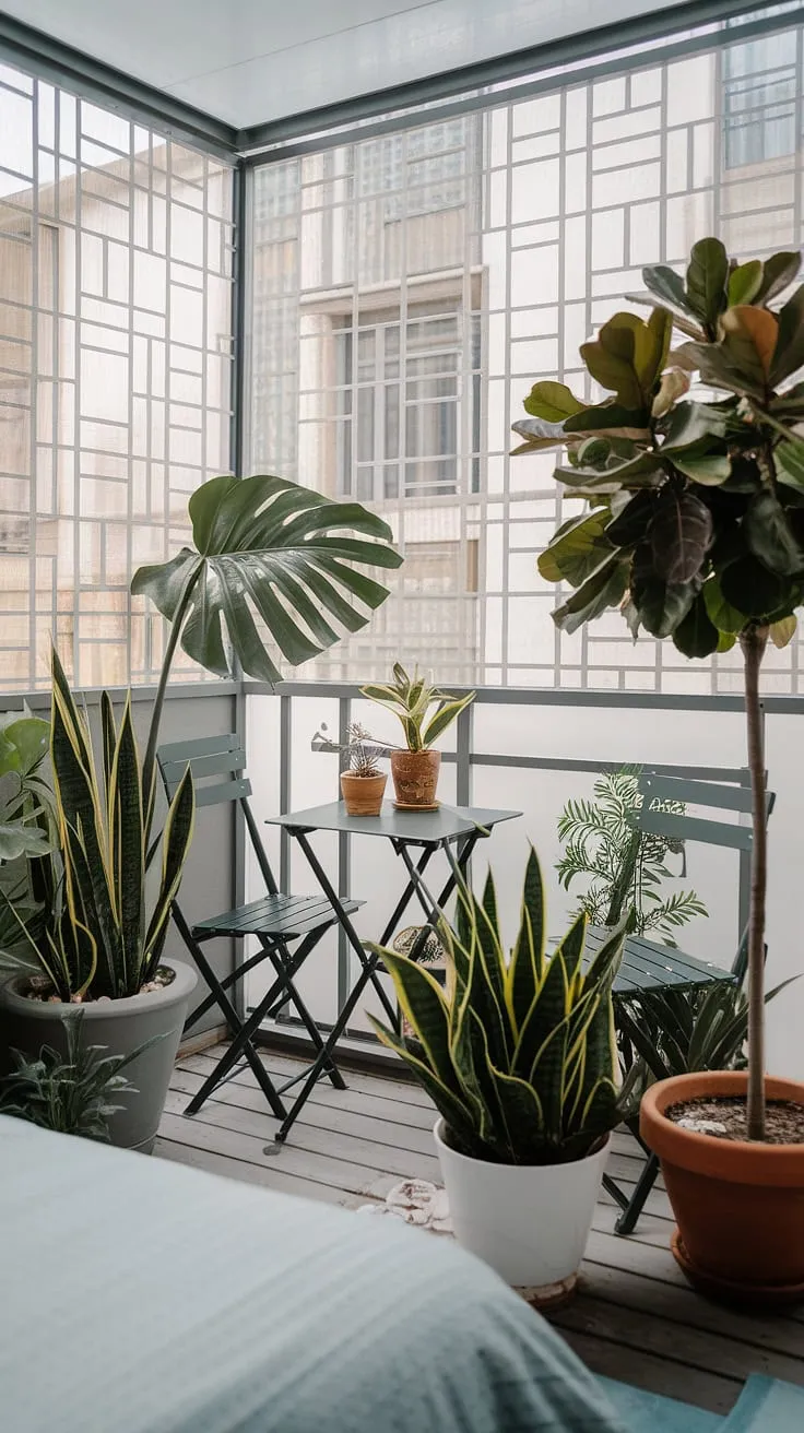 This small balcony outside a bedroom, screened for privacy with a stylish white balcony screen, is a testament to maximizing space. The clever use of planters for balcony gardening showcases lush plants for small balconies—a monstera, snake plant, and ficus tree thrive, creating a mini jungle patio decor. This is a perfect example of small balcony ideas and terrace divider ideas for apartment living, demonstrating how balcony blinds for apartments can enhance both privacy and aesthetics. The simple table and chairs invite relaxation in this tranquil outdoor retreat.