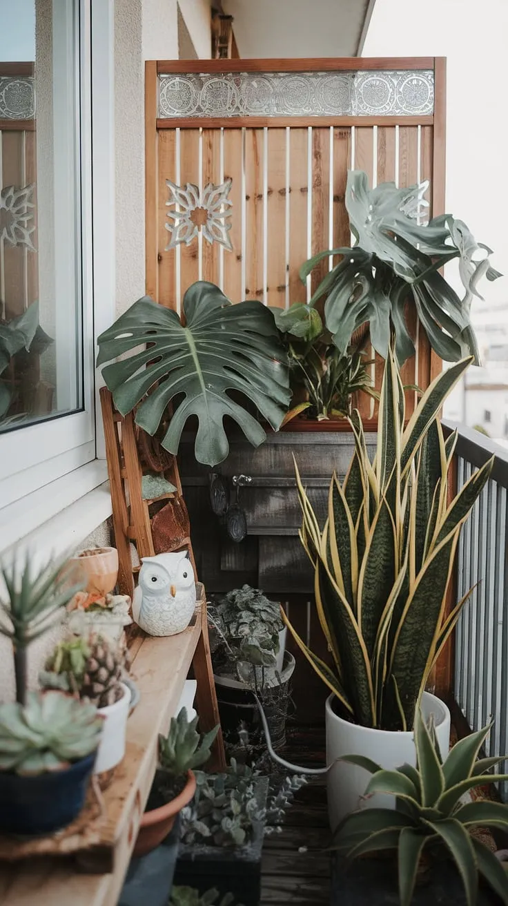 Maximize your balcony outside bedroom with these small balcony ideas! A decorative balcony screen, functioning as a beautiful terrace divider, creates a secluded oasis. Plants in small balcony spaces thrive, with a monstera, snake plants, and succulents adding to the jungle patio decor. The clever use of planters for balcony gardening and a few decorative touches proves that even a small space can be a vibrant and relaxing retreat. This is a perfect example of how balcony blinds for apartments can be replaced with a stylish and functional screen.