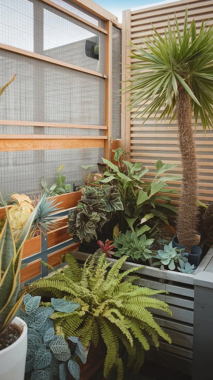Transform your bedroom balcony into a lush tropical escape! This small balcony, brimming with ferns, succulents, and a miniature palm, showcases clever space-saving ideas. The wooden terrace divider creates privacy and adds warmth, while the balcony screen and balcony blinds for apartments offer both shade and seclusion. This is a perfect example of jungle patio decor, demonstrating how to maximize plants in small balcony spaces with stylish planters for balcony and creative balcony ideas.
