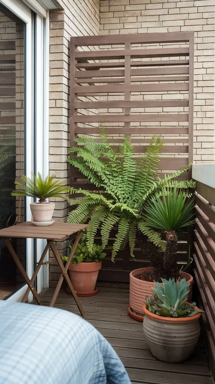Escape to this peaceful balcony outside a bedroom. The wooden balcony screen provides a beautiful terrace divider, offering privacy and enhancing the small balcony ideas. Plants in small balcony spaces, including a vibrant fern, a small palm, and succulents, thrive in their planters for balcony, creating a mini jungle patio decor. The wooden flooring and brick wall backdrop complement the simple wooden table and chair, making this a perfect spot for quiet contemplation.