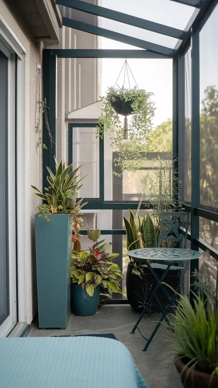 Escape to your own private jungle with this balcony outside bedroom. This small balcony ideas showcase the power of plants in small balcony spaces, creating a vibrant jungle patio decor. A balcony screen provides both privacy and a touch of elegance, while the strategic placement of planters for balcony use, including a tall planter and hanging planter, maximizes the limited space. Consider this a masterclass in terrace divider ideas and balcony blinds for apartments, proving that even a small balcony can be a luxurious retreat.