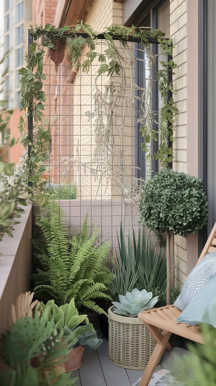 This balcony screen creates a secluded haven on a small balcony. Clever balcony ideas using plants in small balcony spaces, this design offers privacy and lush greenery. Perfect for apartment living, consider this for your own balcony blinds for apartments and explore planters for balcony and terrace divider ideas.