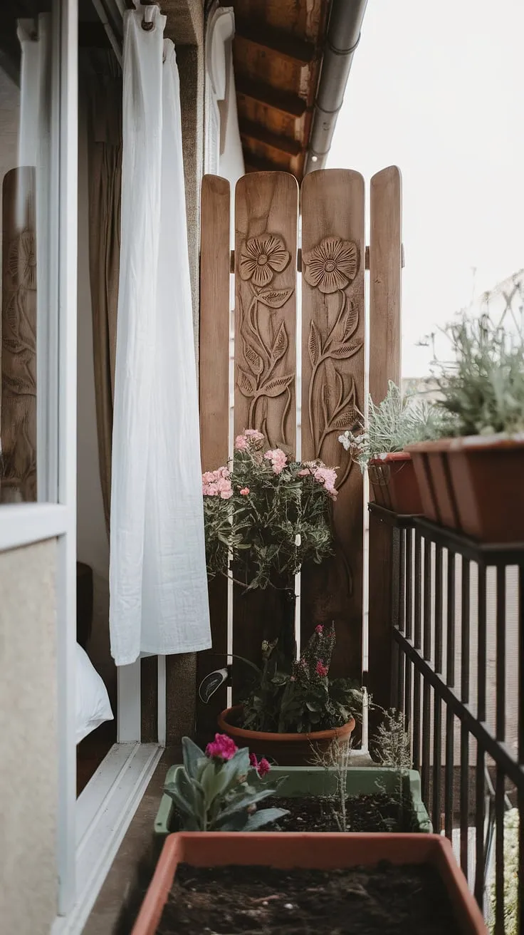 This rustic balcony screen transforms a small balcony outside a bedroom into a private jungle patio. Perfect small balcony ideas using plants for small balcony spaces and planters for balcony, creating a charming terrace divider.