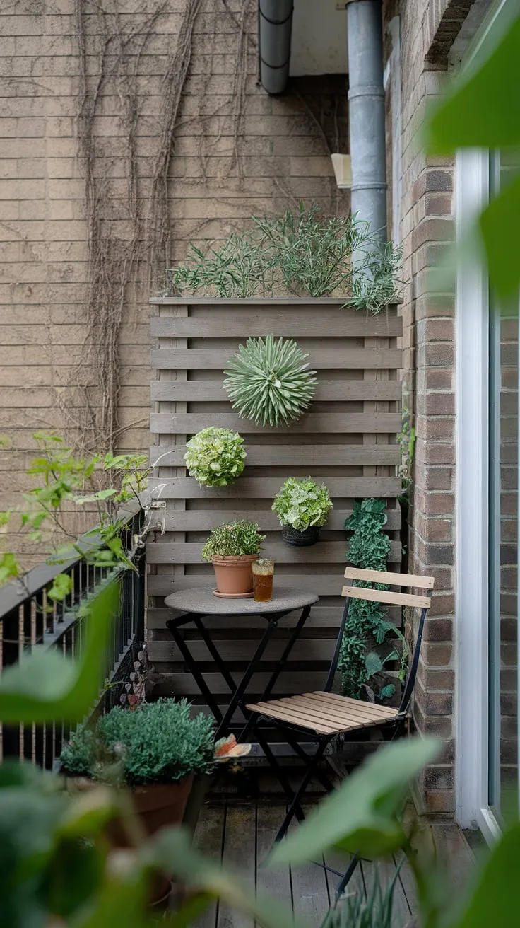 This small balcony, nestled outside a bedroom, is a haven of green thanks to clever balcony ideas. A rustic wooden balcony screen, acting as both a terrace divider and balcony blinds for apartments, frames the space, showcasing plants for small balcony spaces and creating a mini jungle patio decor. Planters for balcony adorn the screen, complementing the potted plants on the small table and chair. This is a perfect example of small balcony ideas maximizing space and style.