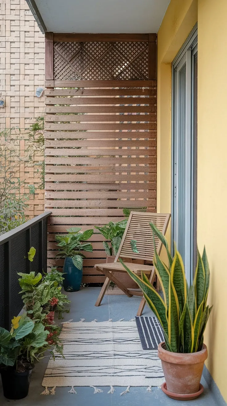 Escape to your own urban jungle with this balcony screen. Perfect balcony ideas for apartments, this design maximizes space with plants in small balcony spaces and offers privacy with balcony blinds for apartments. A charming example of small balcony ideas and terrace divider ideas.