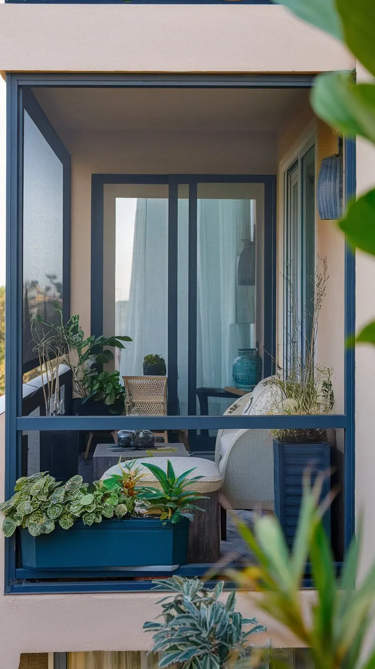 Find inspiration for your own balcony ideas in this tranquil scene. This small balcony, extending from a bedroom, is transformed into a private oasis with a balcony screen offering both privacy and a sense of enclosure. Plants in small balcony spaces thrive in carefully selected planters for balcony, contributing to the lush jungle patio decor. The effective use of space demonstrates excellent terrace divider ideas, making the most of this balcony outside bedroom.