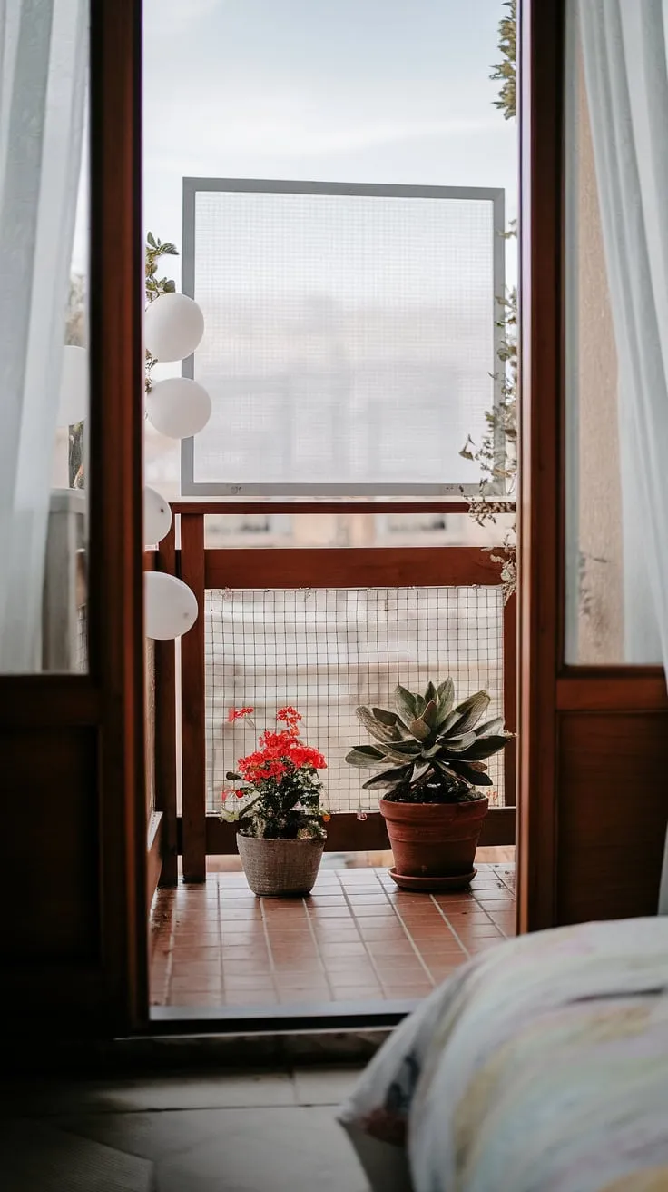 A charming balcony outside bedroom, this space maximizes its potential with clever balcony ideas. The balcony screen creates a sense of seclusion, while the carefully chosen plants in small balcony spaces add a burst of color and life. The terracotta planters for balcony complement the wooden railing and tiled floor, creating a cohesive and inviting atmosphere. This is a perfect illustration of small balcony ideas and how to incorporate terrace divider ideas, even with limited space. The addition of white balloons adds a festive touch to this jungle patio decor. The balcony blinds for apartments are a practical and stylish choice.