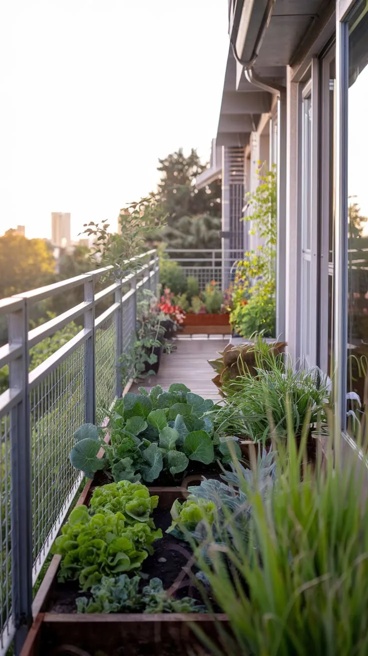 Soft light bathes your balcony's thriving vegetable garden, a vibrant contrast to the city view beyond the metal railing and wooden path