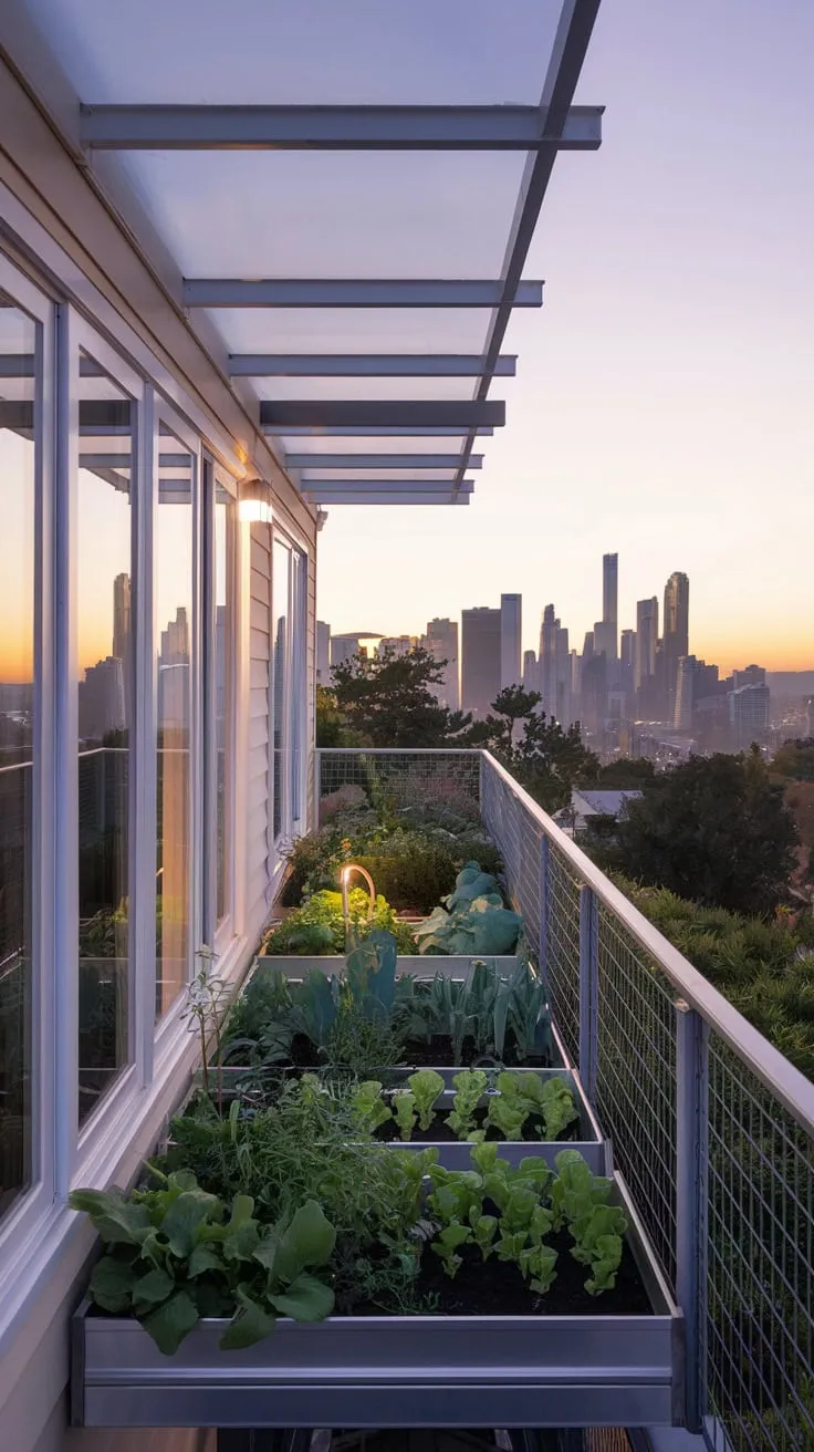 A tranquil city view unfolds behind your home, its high balcony brimming with a vibrant, metal-railed vegetable garden
