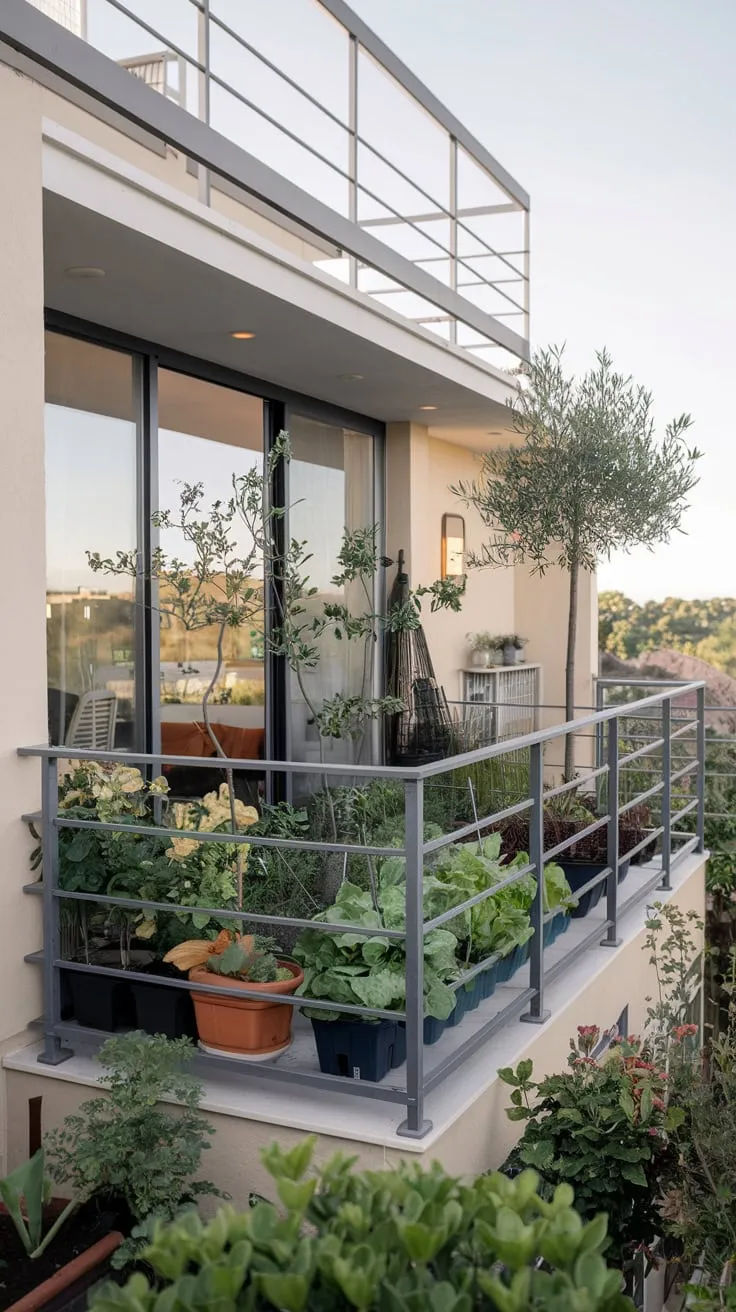 Soft light bathes your minimalist home's balcony, where a thriving vegetable garden spills over the metal railing, overlooking a stunning vista