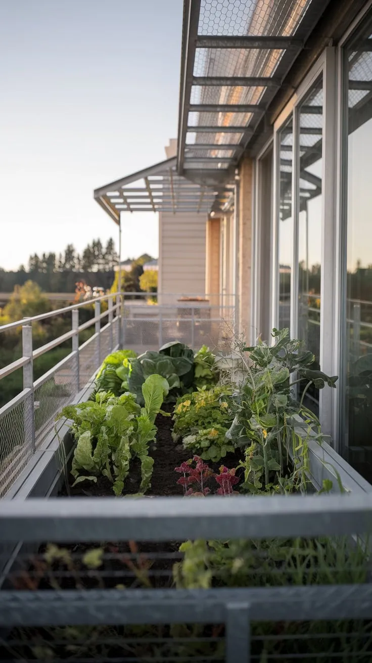 Transform your lifestyle with a modern home featuring a serene metal balcony garden, where lush plants meet breathtaking views in soft, detailed light