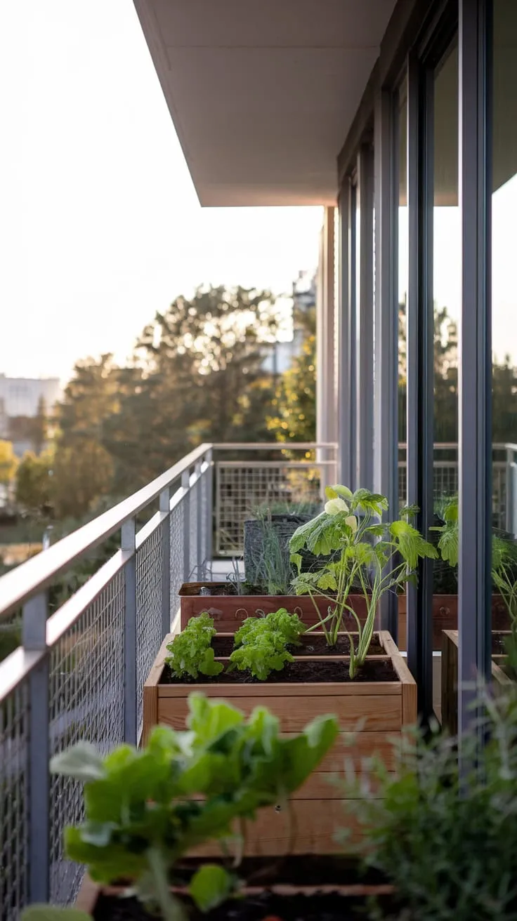 Soft light bathes your balcony's metal railing, showcasing a flourishing vegetable garden and a breathtaking view of trees and distant buildings