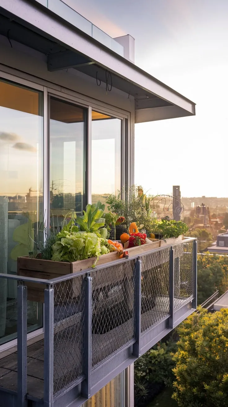 From your metal balcony, a flourishing vegetable patch and the cityscape create a serene, aesthetically pleasing scene