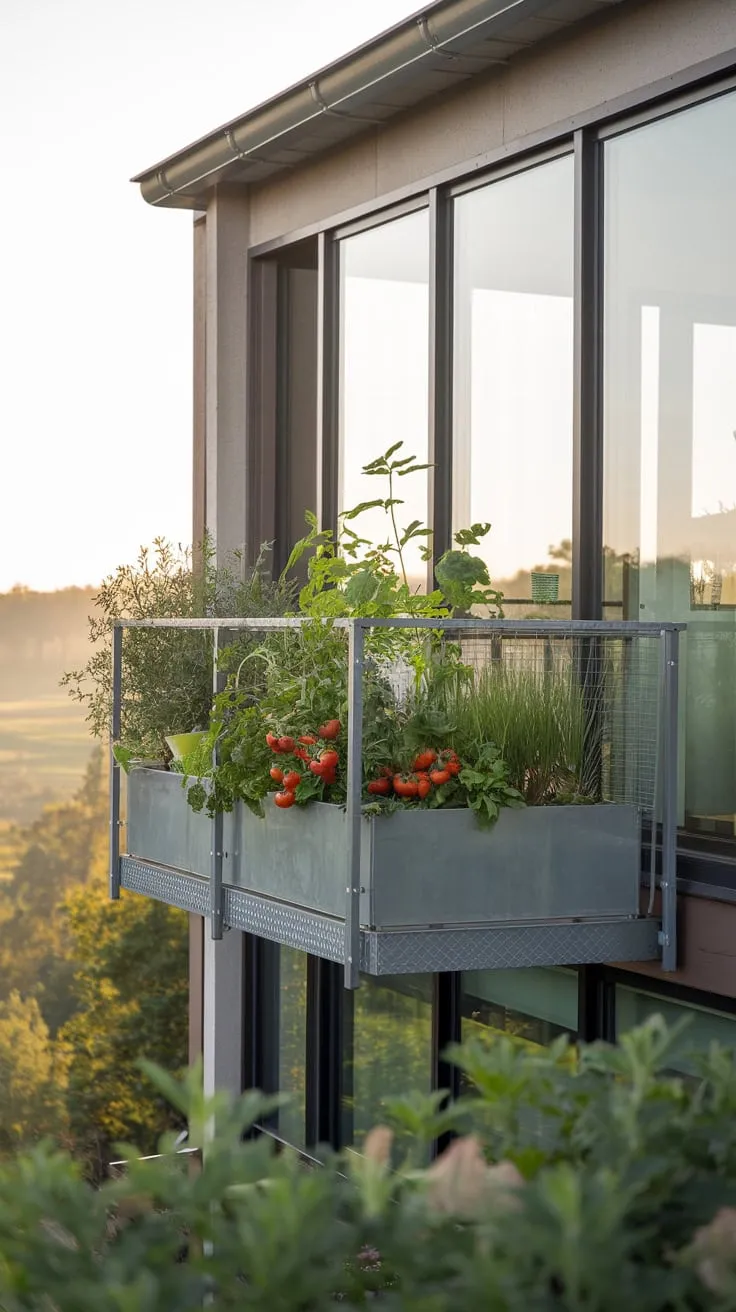 Transform your lifestyle with a stunning balcony garden, where fresh herbs and tomatoes thrive against a backdrop of serene landscapes