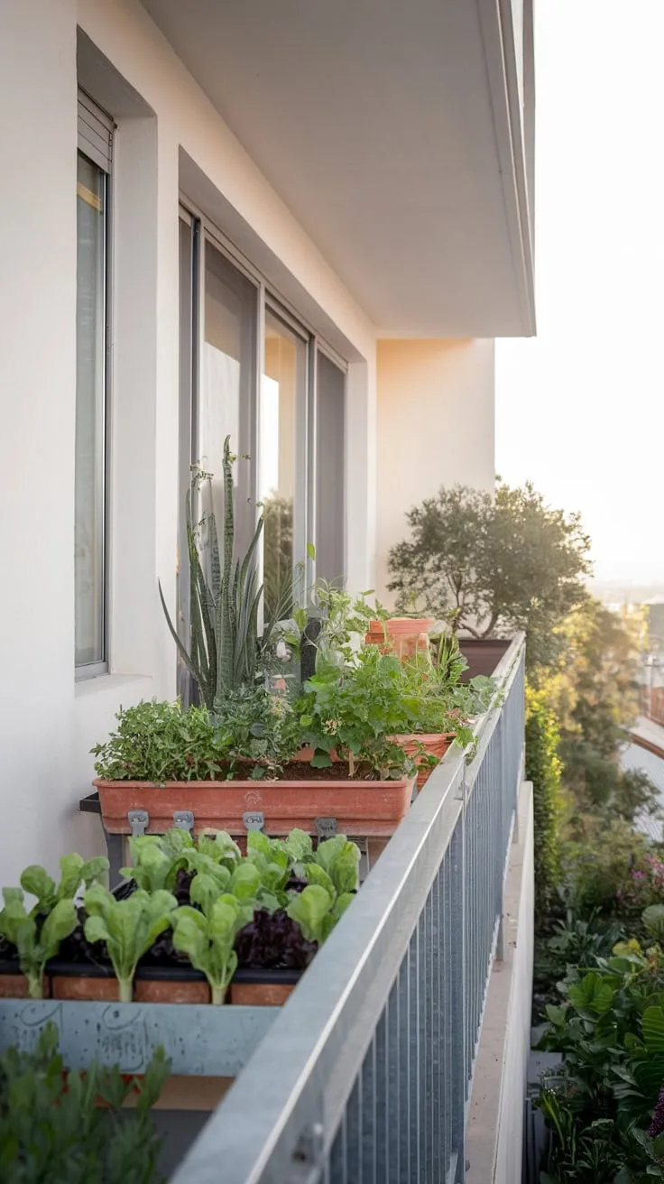 From your balcony, a vibrant vegetable garden thrives amidst the minimalist white walls and metal railing, all framed by a stunning city view
