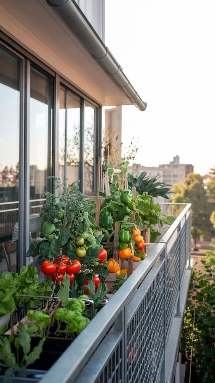 Your apartment's balcony bursts with the colors of homegrown tomatoes, peppers, and herbs, a tranquil garden overlooking a bustling city