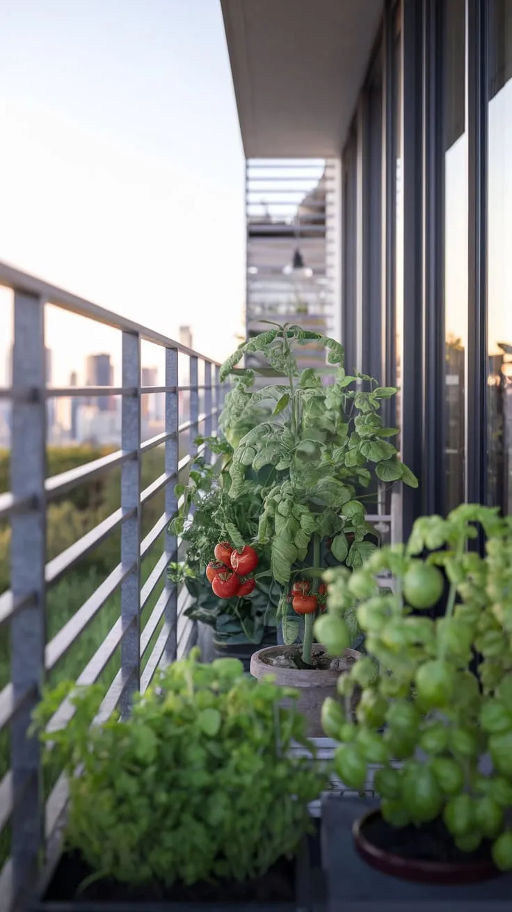 Soft light bathes your balcony's metal railing, showcasing a thriving vegetable garden of tomatoes, basil, and more, all while a stunning city skyline unfolds behind you