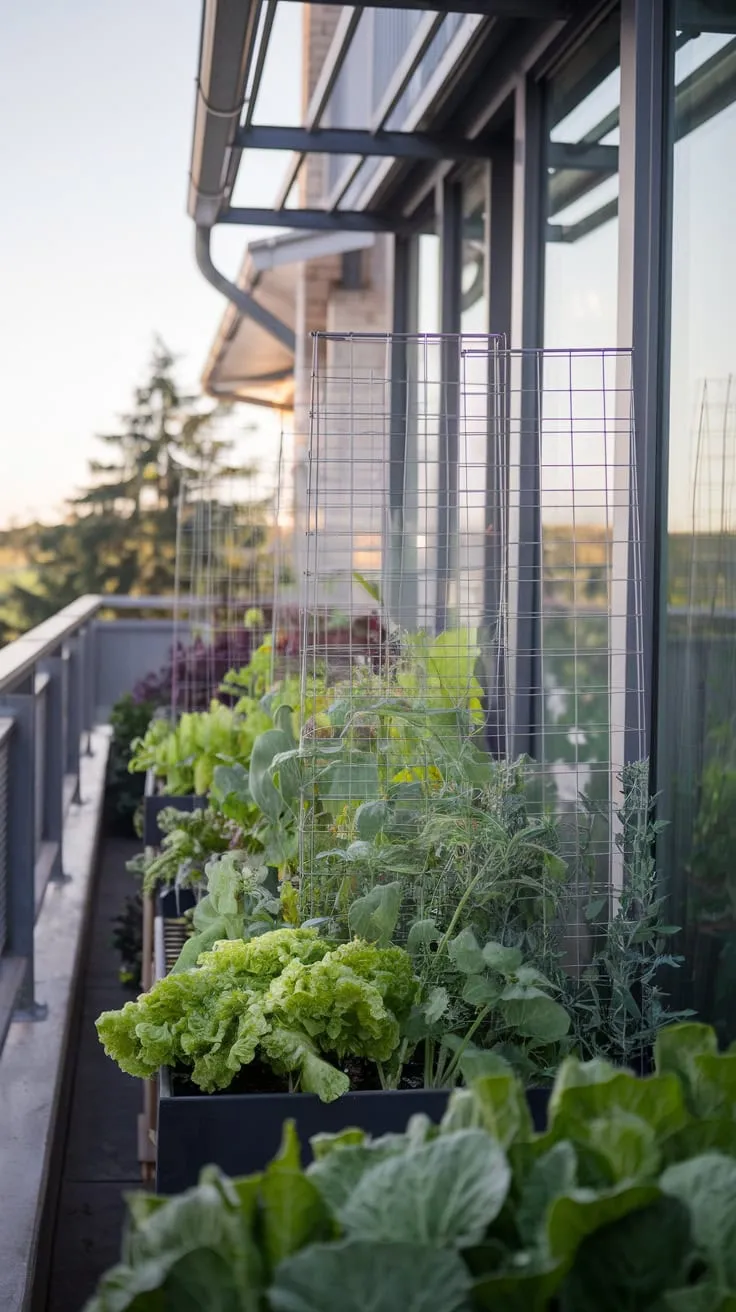 Soft light bathes your balcony garden, vibrant vegetables climbing metal trellises with a stunning view beyond