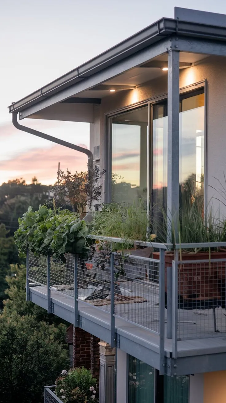 From your high balcony, a vibrant vegetable garden thrives amidst a stunning panorama, all gently illuminated