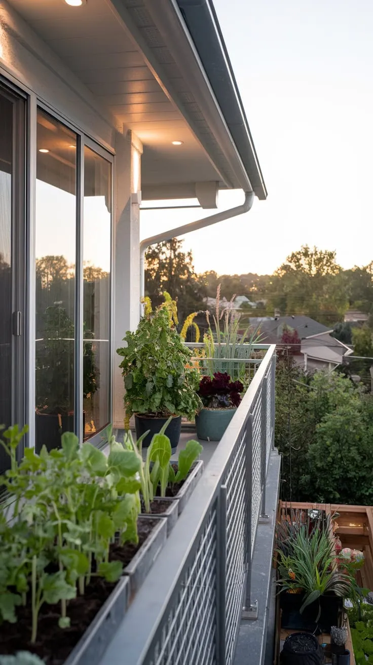 From your high-rise balcony, soft lights illuminate a thriving vegetable garden overlooking a tranquil landscape of houses and trees, all framed by a metal railing