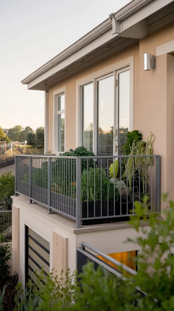 From above, you see a softly lit home with a balcony bursting with vegetables and a scenic view beyond the metal railing
