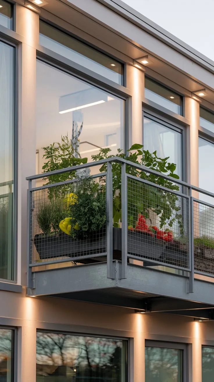 Soft light illuminates your sleek home's large windows, highlighting the second-floor balcony where a metal railing overlooks a thriving vegetable garden bursting with tomatoes, peppers, and herbs