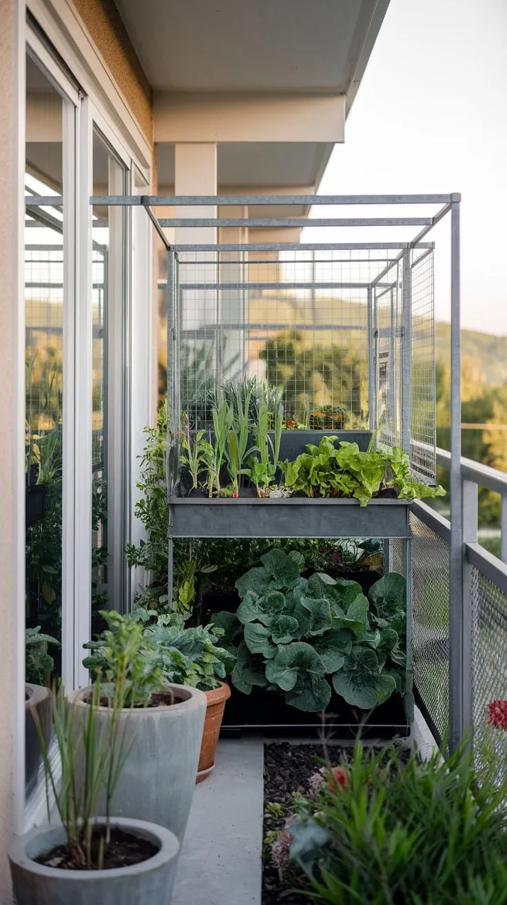 Soft light bathes your balcony's vibrant vegetable garden, its metal railing framing a scenic view and overflowing potted plants below
