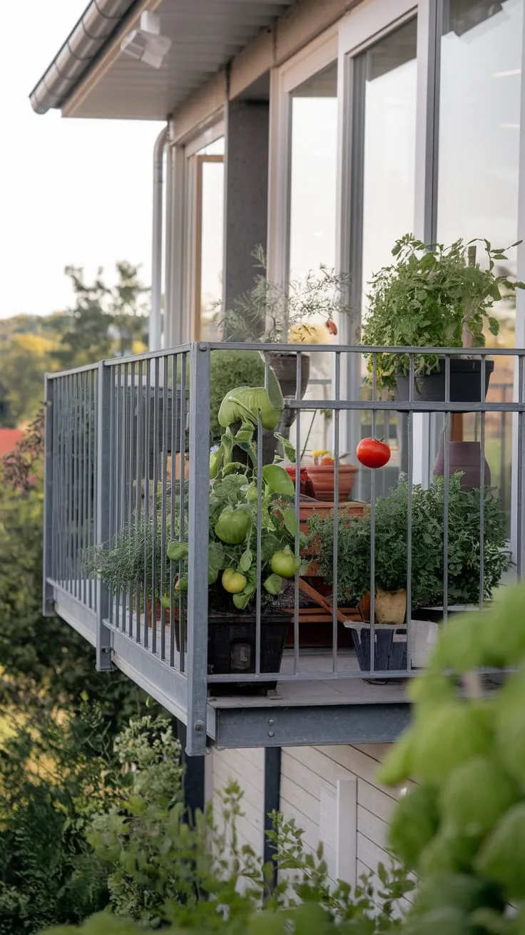 Soft light bathes your balcony's vibrant vegetable garden, a colorful array of tomatoes, peppers, and herbs thriving against a stunning backdrop