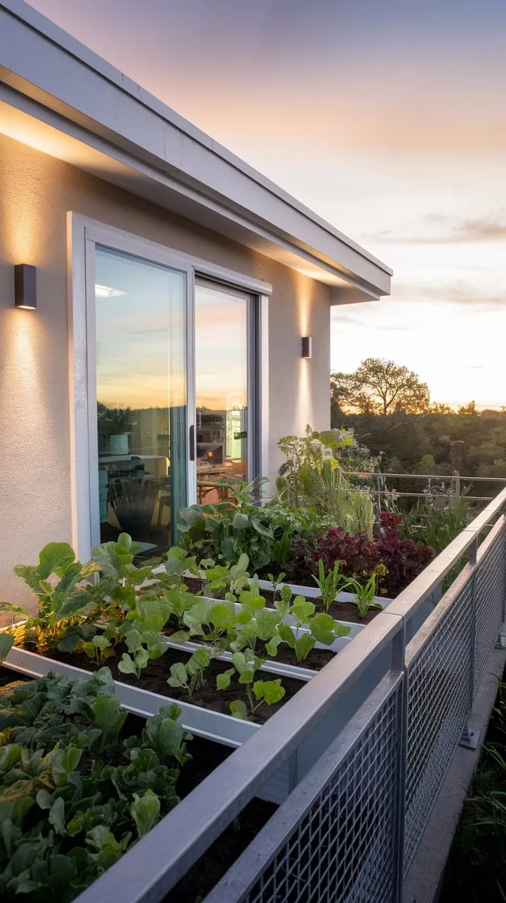 Soft light illuminates your home's stylish exterior, showcasing a balcony vegetable garden and a breathtaking view through the metal railing