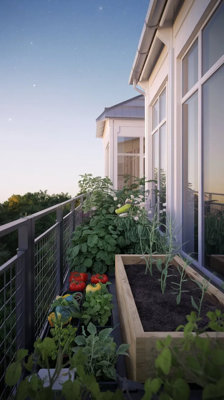 Under a starlit sky, you admire your white home's balcony brimming with tomatoes, peppers, herbs, and a wooden planter box, all nestled amongst metal railings