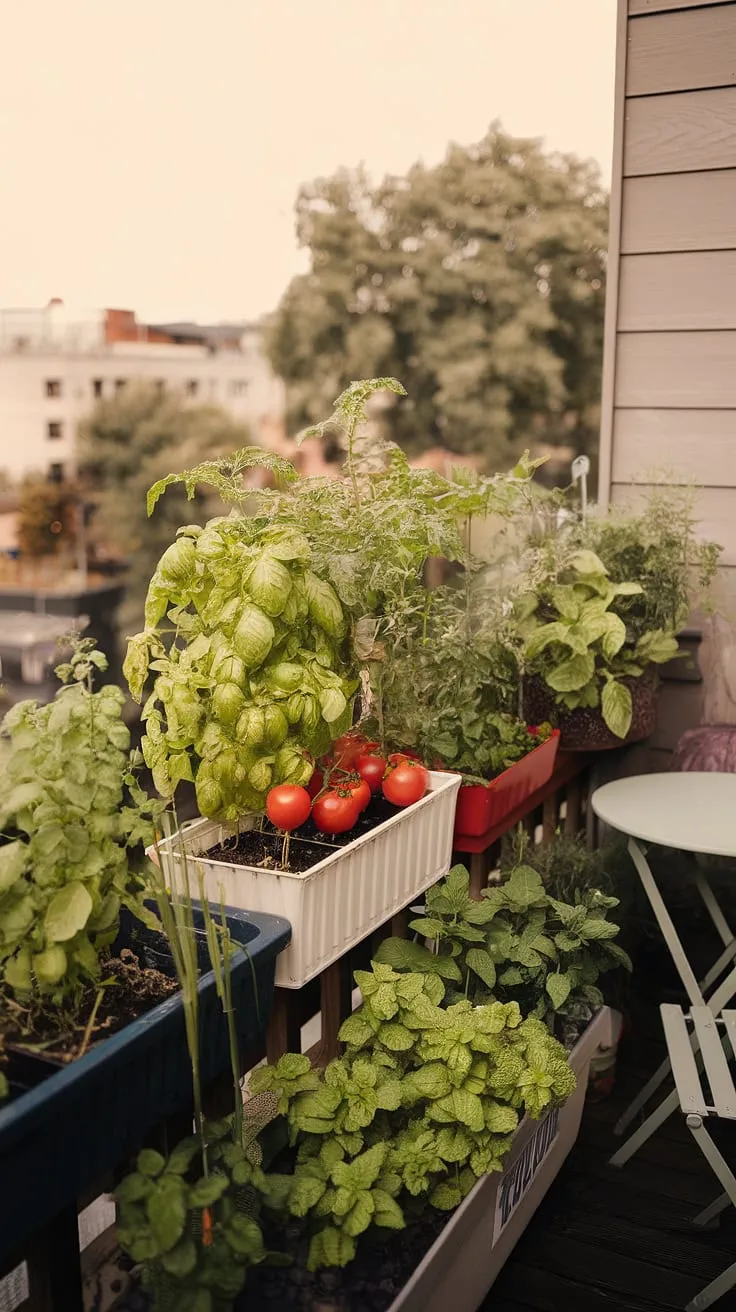 Transforming a small urban space into a thriving edible oasis. This balcony vegetable garden showcases the beauty and bounty of container gardening, proving that even with limited space, you can enjoy fresh, organic produce.  From the vibrant tomato plants to the fragrant basil and mint, this vertical garden demonstrates the possibilities of small space gardening, offering inspiration for balcony gardening tips,  vegetable gardening in containers, and sustainable gardening practices.  The patio gardening setup, complete with a cozy seating area, invites relaxation amidst the urban landscape, making it a perfect example of balcony garden design for beginners.  Easy balcony garden maintenance ensures a continuous harvest, making this space-saving gardening solution ideal for anyone looking for gardening in small spaces and growing vegetables on balcony.