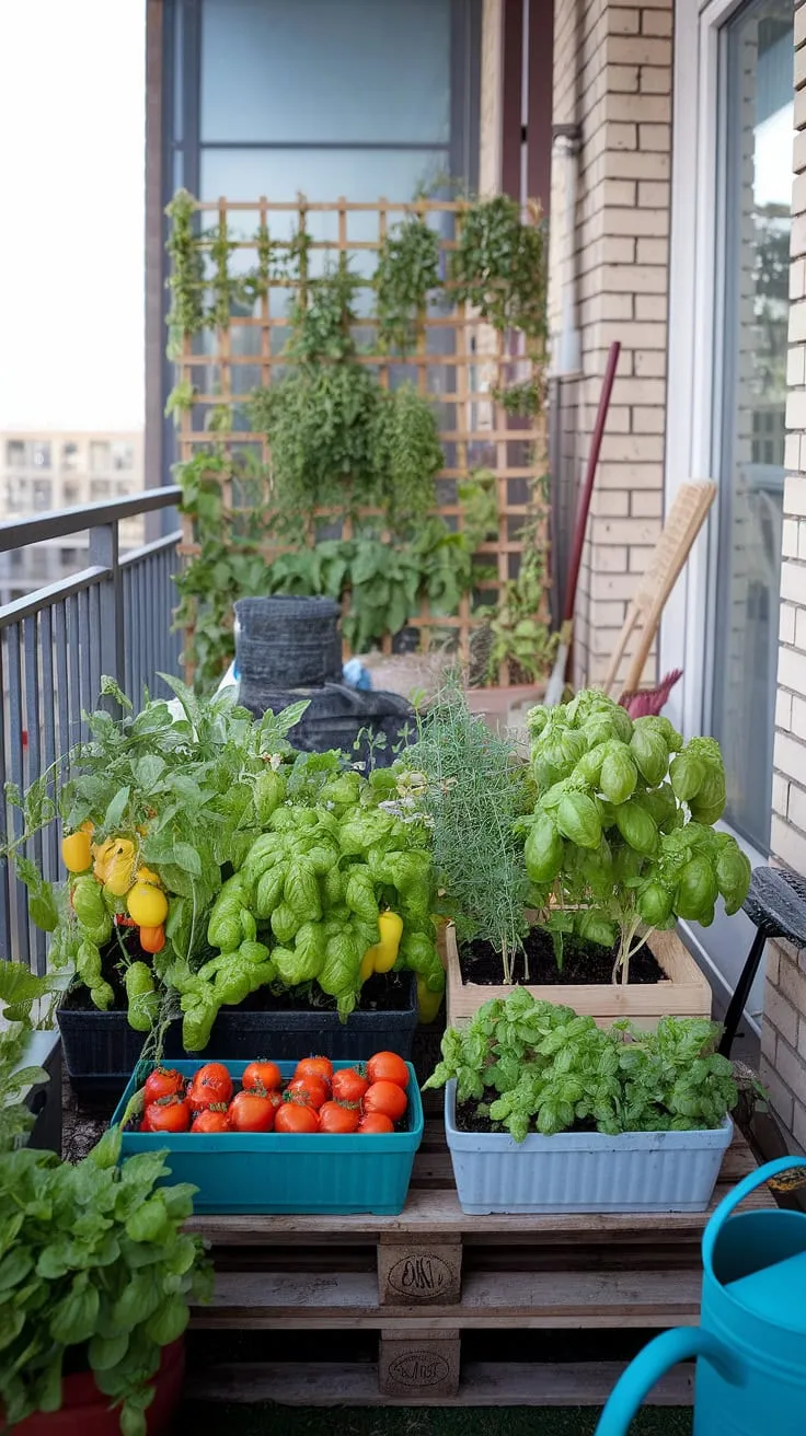 This charming balcony garden is a masterclass in small space gardening.  The clever use of a wooden pallet for container gardening maximizes space, while the climbing beans on the trellis exemplify vertical gardening.  This urban gardening project is a perfect example of growing vegetables on a balcony, showcasing herbs on a balcony and the ease of vegetable gardening in containers.  Whether you're a seasoned gardener or just starting out, this edible balcony garden provides ample balcony gardening tips for creating your own sustainable and productive space.  From balcony plants to balcony garden design and even balcony garden maintenance, this image is packed with inspiration for gardening in small spaces and space-saving gardening solutions.