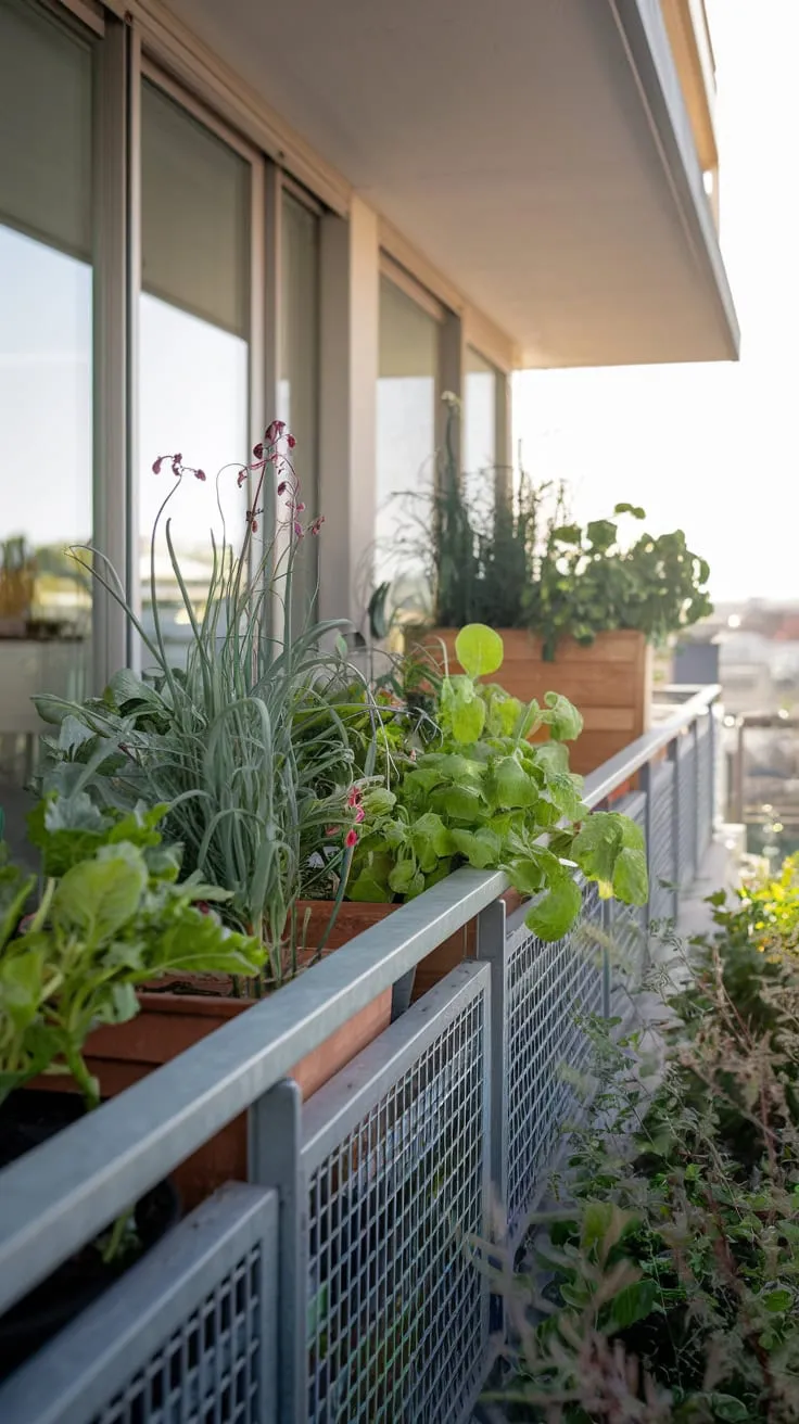 From your vantage point, a metal railing frames a vibrant balcony garden, its lush plants and vegetables contrasting beautifully against the city backdrop