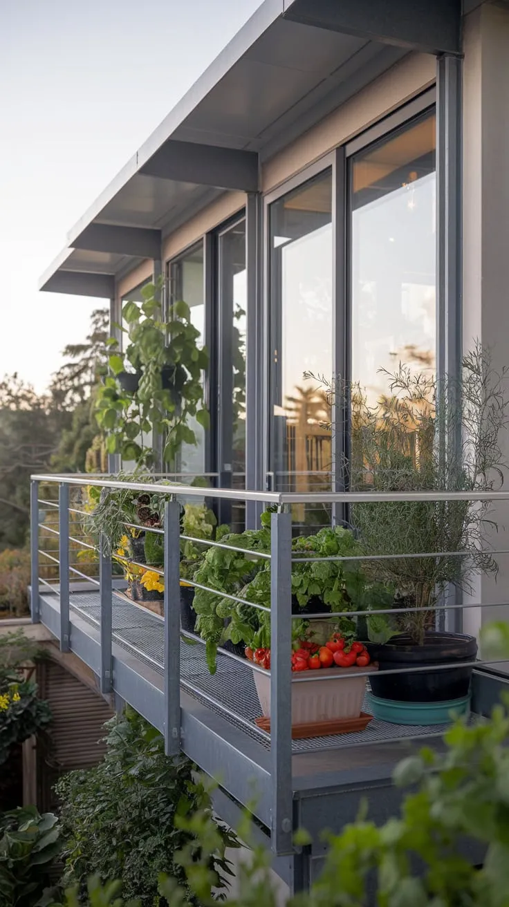 Soft light bathes your minimalist home's metal balcony, where a thriving vegetable garden of tomatoes, peppers, and herbs hangs over a scenic view