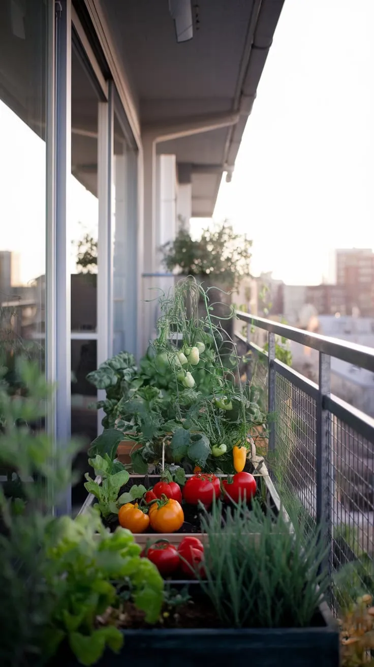 A cinematic scene unfolds: your thriving balcony garden, bursting with life against a backdrop of city lights