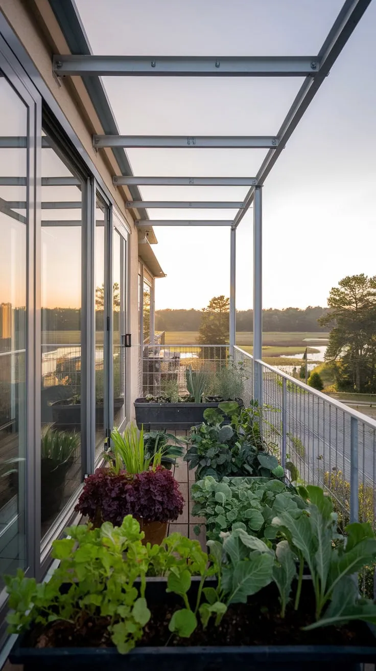 Transform your lifestyle with a modern home featuring a balcony vegetable garden, where lush plants thrive against a backdrop of serene landscapes