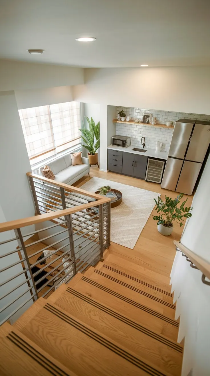 Stylish Modern Basement Apartment with Wooden Staircase