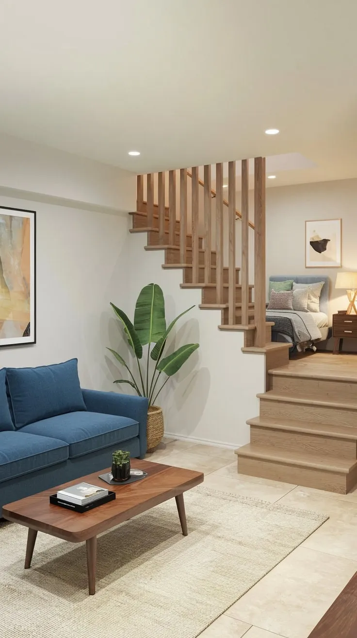 Stylish Modern Basement Apartment with Wooden Staircase