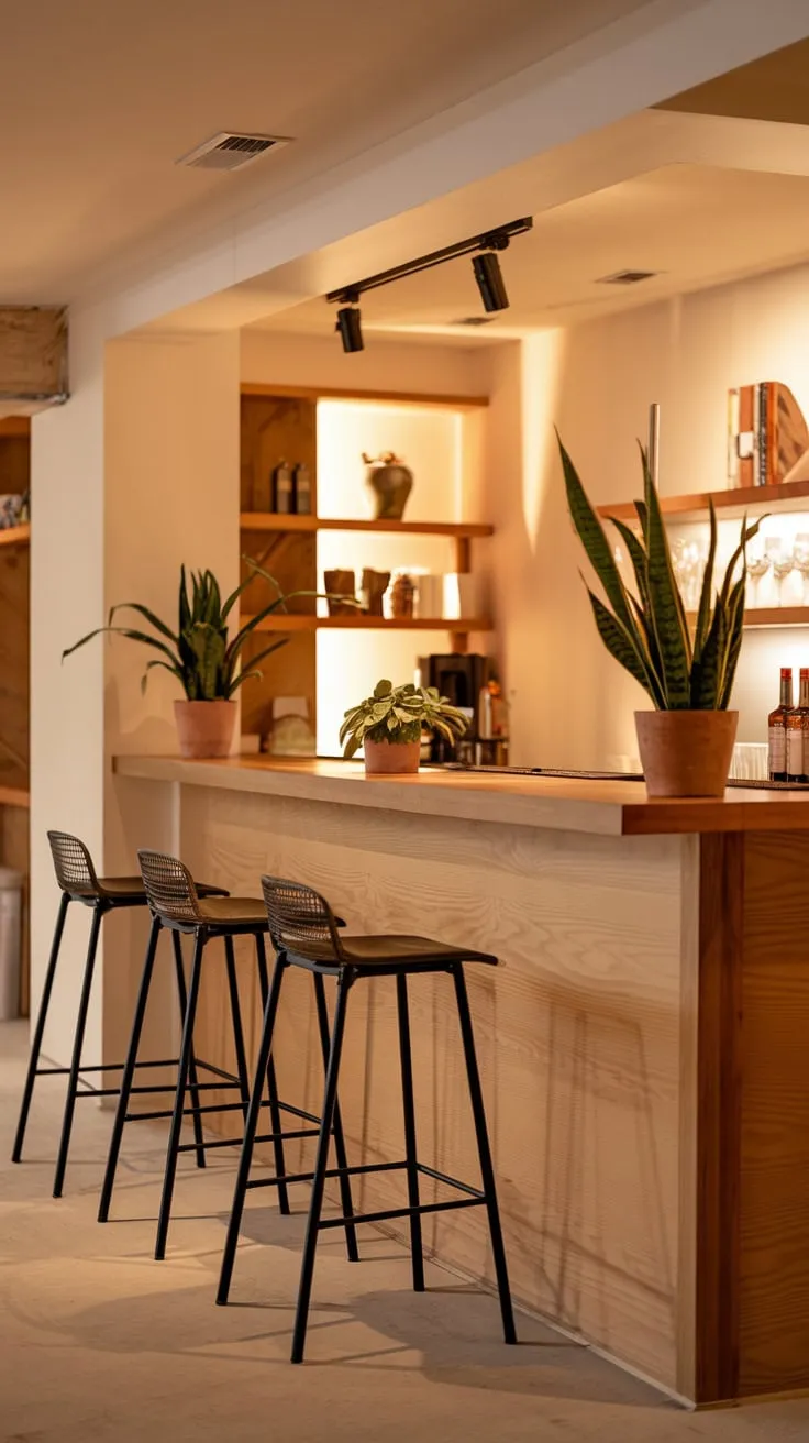 Stylish Home Basement Bar with Warm Ambient Lighting