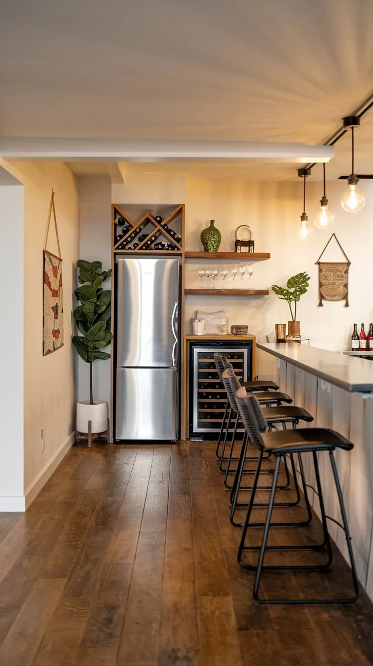 Stylish Home Basement Bar with Warm Ambient Lighting