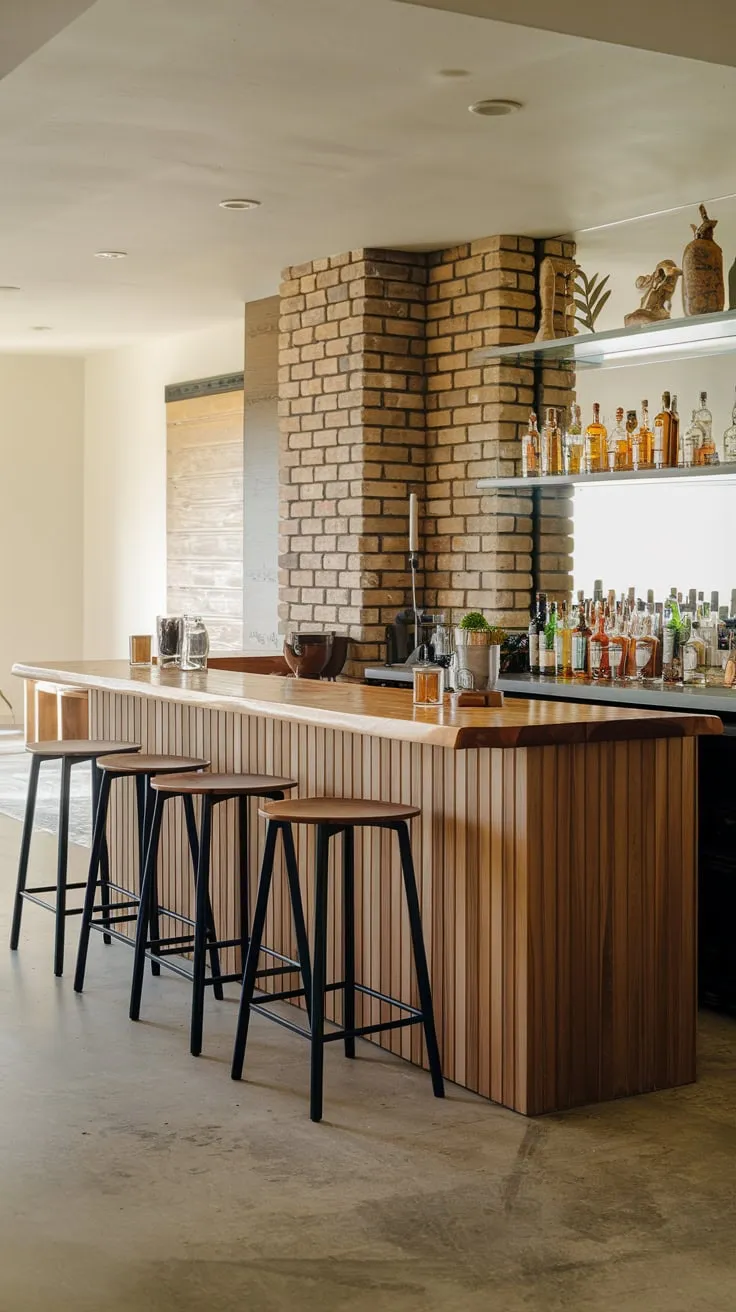 Stylish Home Basement Bar with Wooden Counter and Stools
