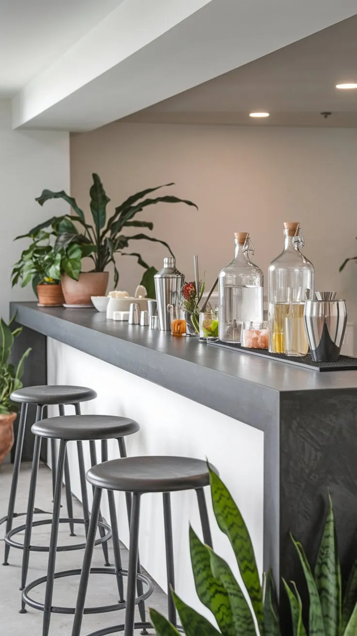 Sleek Basement Bar with Modern Decor and Plants