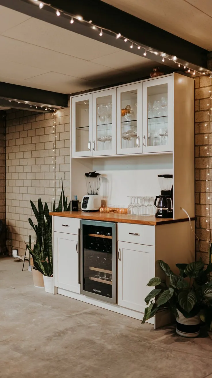 Chic Basement Bar with Modern Decor and Plants