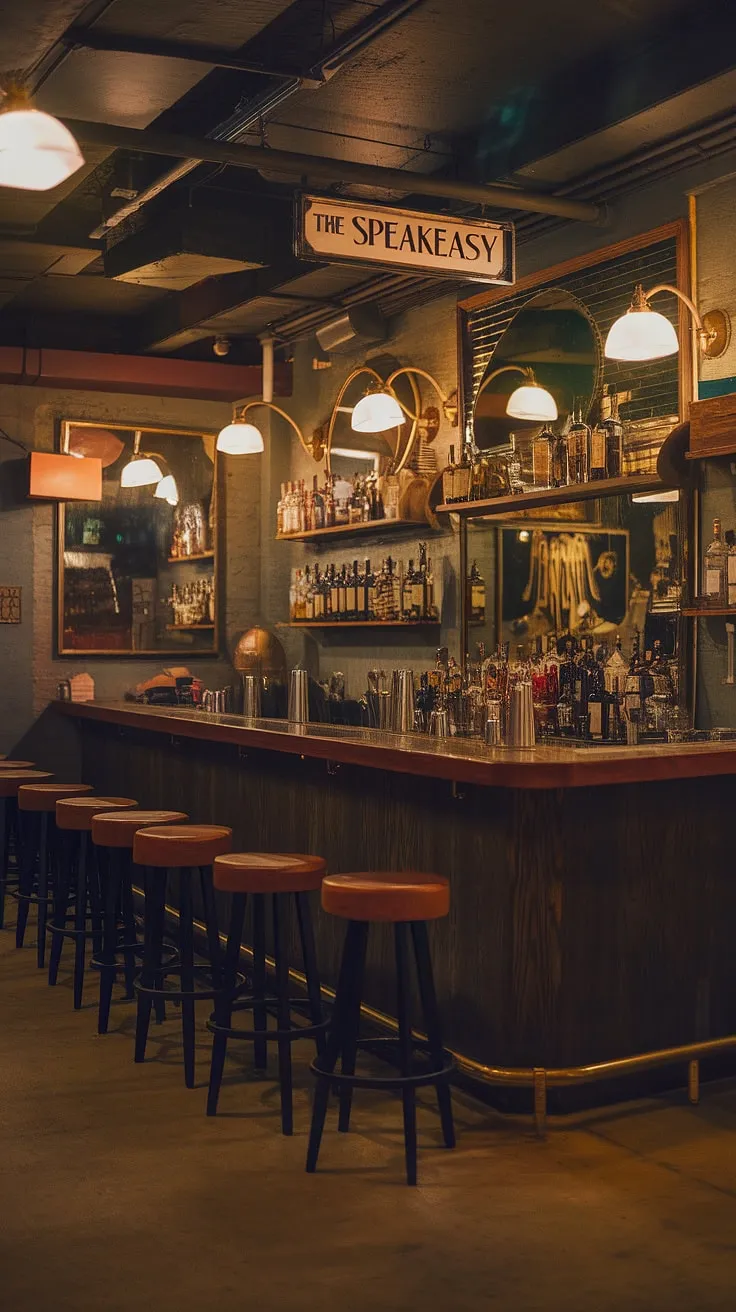This basement bar is more than just a bar in the basement; it's a fully realized basement lounge, a hidden basement tavern with the allure of a bygone era.  The vintage sign above the long wooden bar proclaims it "The Speakeasy," setting the tone for this intimate underground bar and basement drinking area.  Every detail, from the old-fashioned lamps to the carefully curated collection of spirits, contributes to the unique atmosphere of this basement cocktail bar.