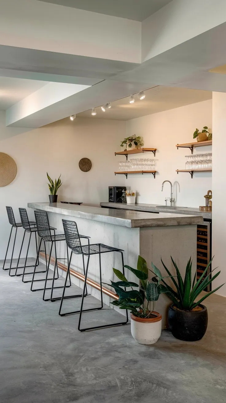 Sleek Home Basement Bar with Concrete Countertop Elegance
