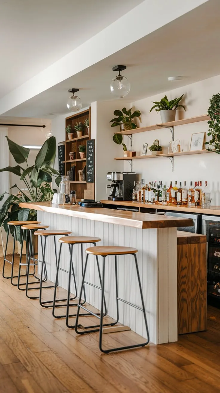 Stylish Home Basement Bar with Wooden Counter and Plants