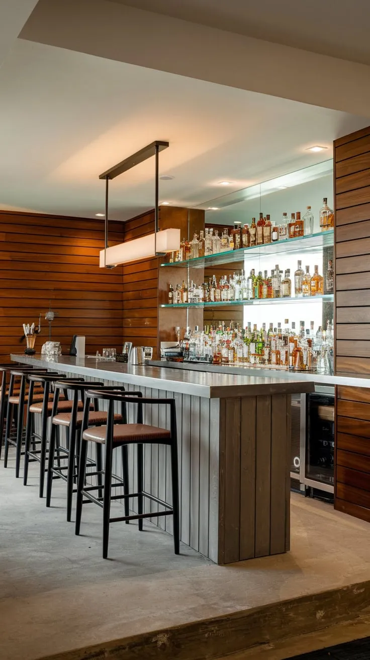 Sleek Home Basement Bar with Wooden Accents