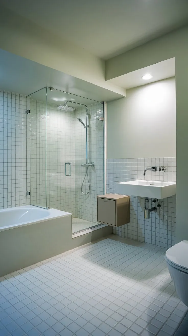 Sleek Minimalist Basement Bathroom with Bright White Accents