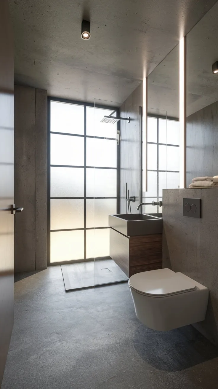 Sleek Modern Basement Bathroom with Bright Concrete Elegance